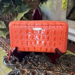 Brahmin Orange/Coral Croc-Embossed Zip Around Wallet -Leather. USED but GUC